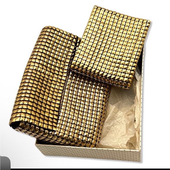 Fabulous 1950s gold metal link clutch with matching wallet in original box